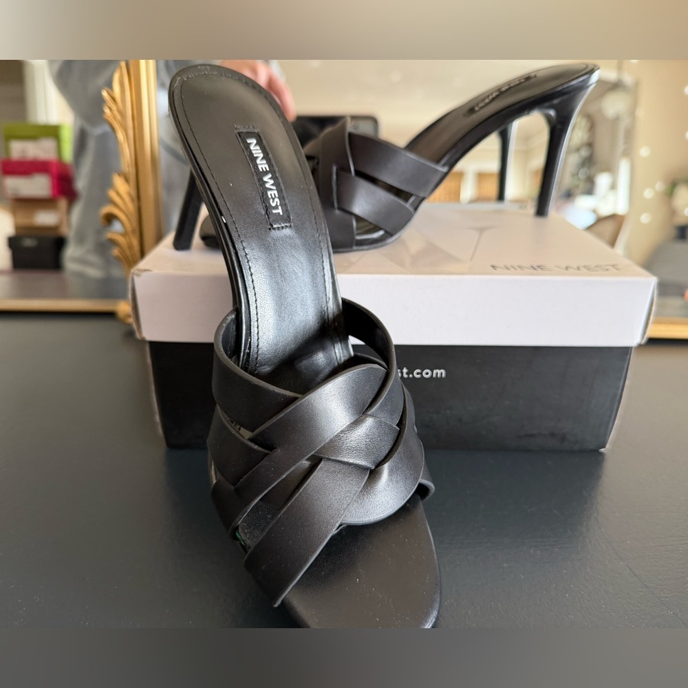 Nine West Black Leather Woven Strap Mule Heels